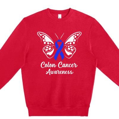 Colon Cancer Awareness Colorectal Cancer Blue Butterfly Premium Crewneck Sweatshirt