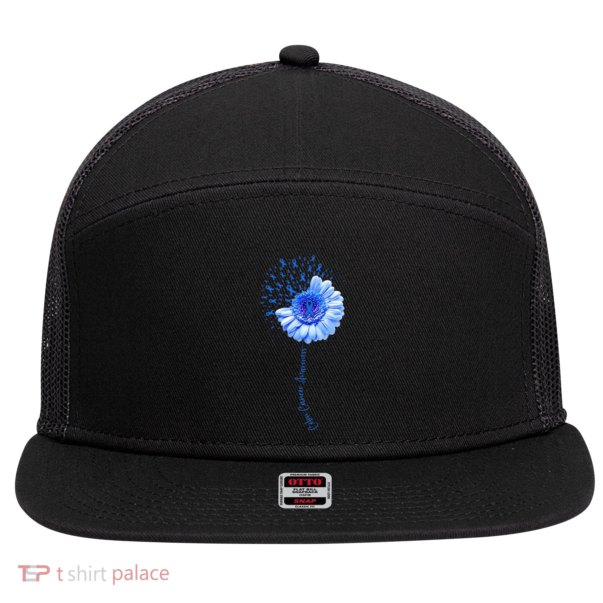 Colon Cancer Awareness Flower Survivor Fighter 7 Panel Mesh Trucker Snapback Hat