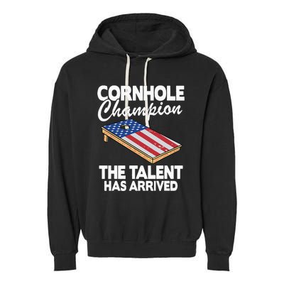 Cornhole Champion American Flag Board Funny Cornhole Garment-Dyed Fleece Hoodie