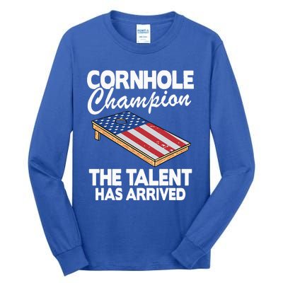 Cornhole Champion American Flag Board Funny Cornhole Tall Long Sleeve T-Shirt