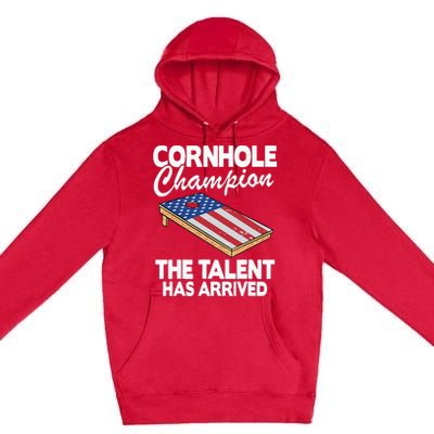 Cornhole Champion American Flag Board Funny Cornhole Premium Pullover Hoodie