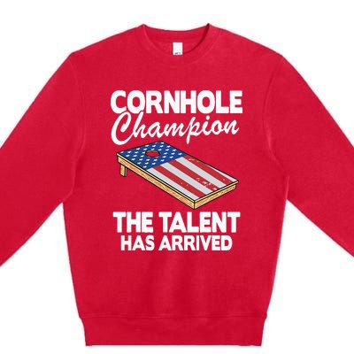 Cornhole Champion American Flag Board Funny Cornhole Premium Crewneck Sweatshirt