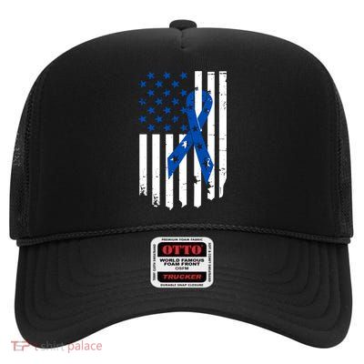 Colon Cancer Awareness Flag High Crown Mesh Back Trucker Hat