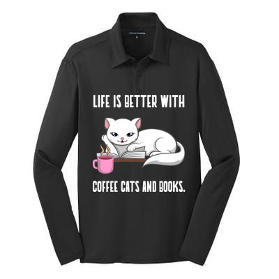 Coffee Cats And Books Funny Reading Gift Silk Touch Performance Long Sleeve Polo