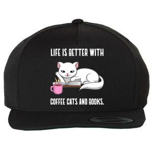 Coffee Cats And Books Funny Reading Gift Wool Snapback Cap