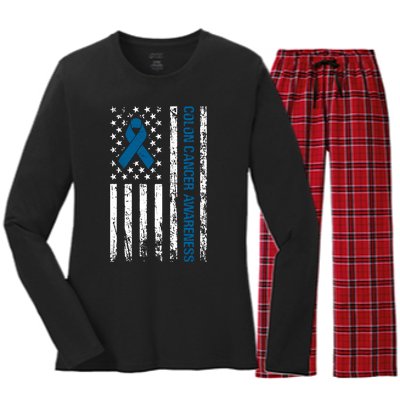 Colon Cancer Awareness Month Distressed Flag Women's Long Sleeve Flannel Pajama Set 