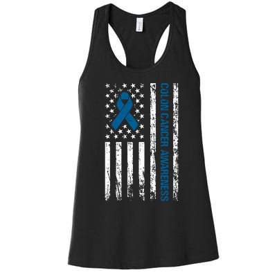 Colon Cancer Awareness Month Distressed Flag Women's Racerback Tank