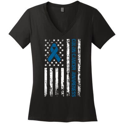 Colon Cancer Awareness Month Distressed Flag Women's V-Neck T-Shirt