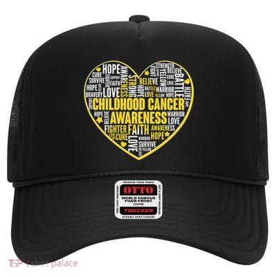 Childhood Cancer Awareness Word Text Art Heart High Crown Mesh Back Trucker Hat