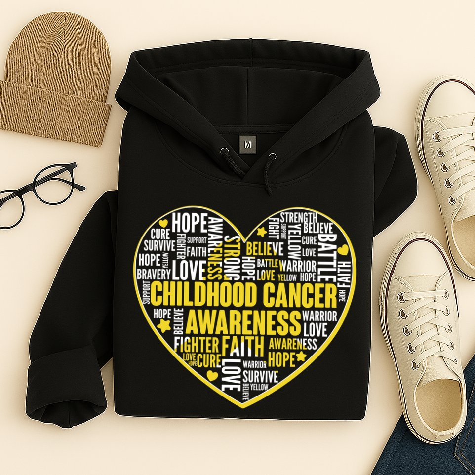 Childhood Cancer Awareness Word Text Art Heart Hoodie