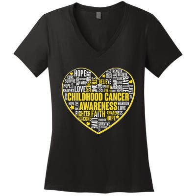 Childhood Cancer Awareness Word Text Art Heart Women's V-Neck T-Shirt
