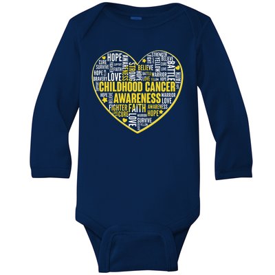 Childhood Cancer Awareness Word Text Art Heart Baby Long Sleeve Bodysuit