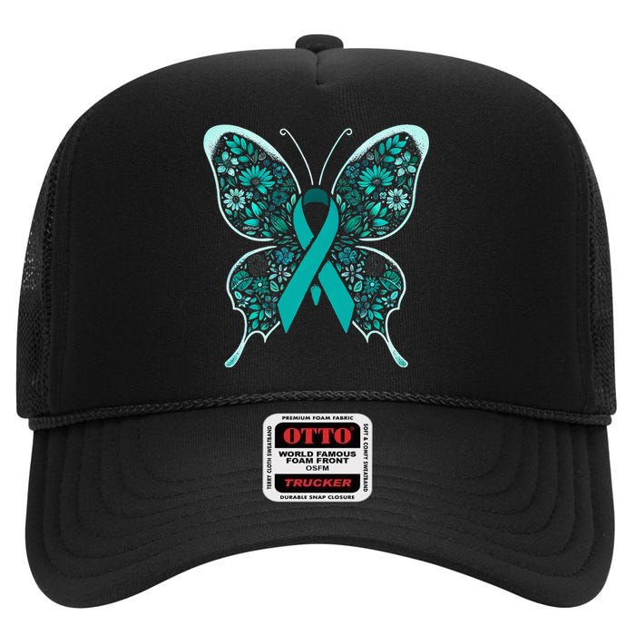 Cervical Cancer Awareness Teal Butterfly Ribbon High Crown Mesh Back Trucker Hat