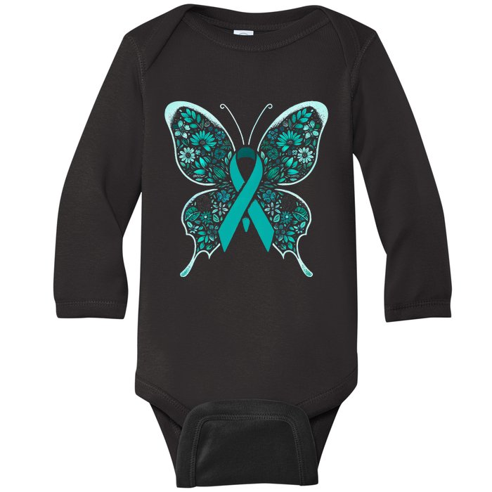 Cervical Cancer Awareness Teal Butterfly Ribbon Baby Long Sleeve Bodysuit