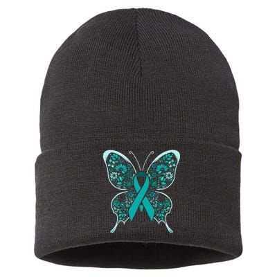 Cervical Cancer Awareness Teal Butterfly Ribbon Sustainable Knit Beanie