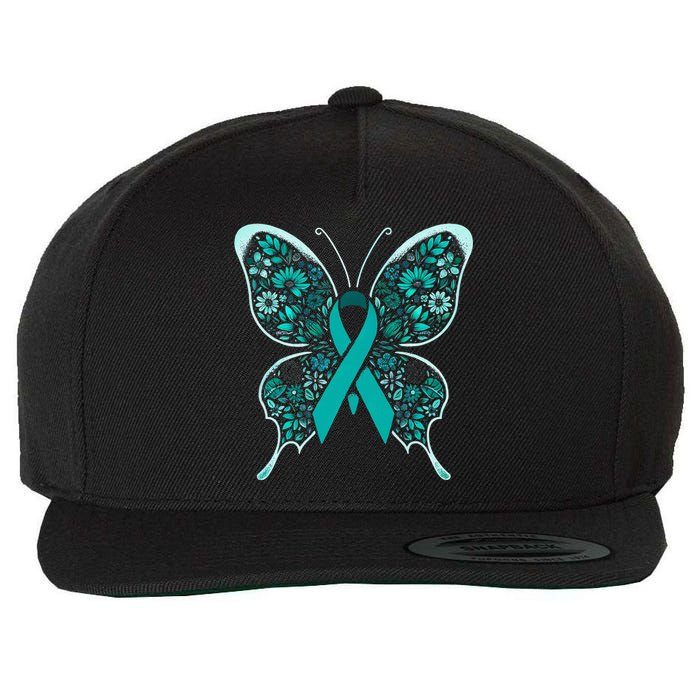 Cervical Cancer Awareness Teal Butterfly Ribbon Wool Snapback Cap