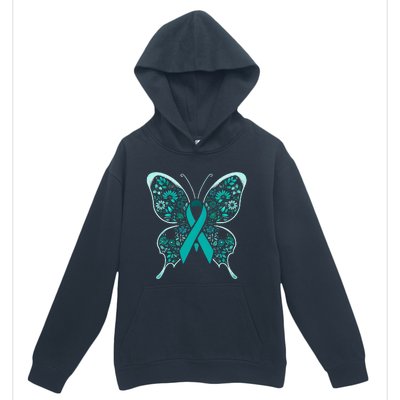 Cervical Cancer Awareness Teal Butterfly Ribbon Urban Pullover Hoodie