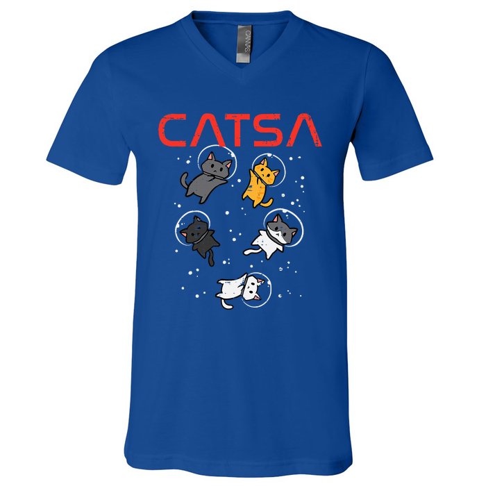 Catsa Cat Astronauts Kitten Space V-Neck T-Shirt