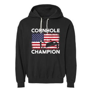 Cornhole Champion American Flag USA July 4th Cornhole Garment-Dyed Fleece Hoodie