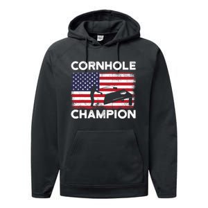 Cornhole Champion American Flag USA July 4th Cornhole Performance Fleece Hoodie