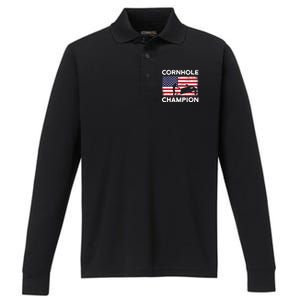 Cornhole Champion American Flag USA July 4th Cornhole Performance Long Sleeve Polo