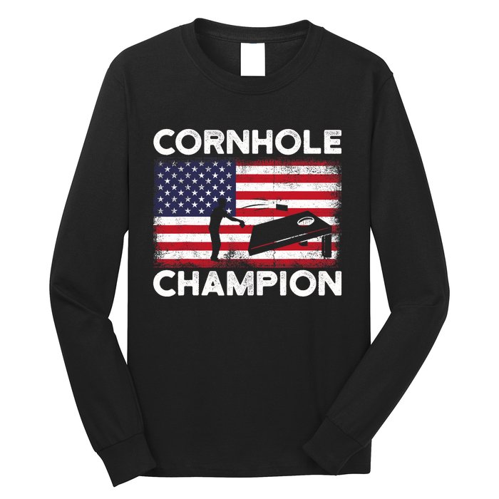 Cornhole Champion American Flag USA July 4th Cornhole Long Sleeve Shirt