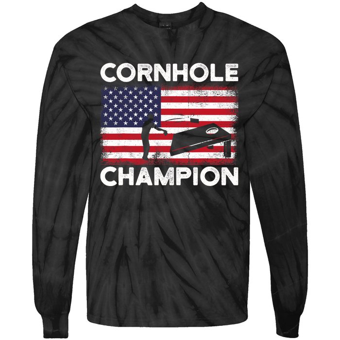 Cornhole Champion American Flag USA July 4th Cornhole Tie-Dye Long Sleeve Shirt