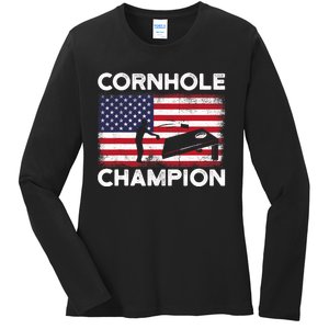 Cornhole Champion American Flag USA July 4th Cornhole Ladies Long Sleeve Shirt