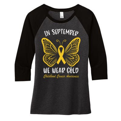 Childhood Cancer Awareness In September We Wear Gold Cute Women's Tri-Blend 3/4-Sleeve Raglan Shirt