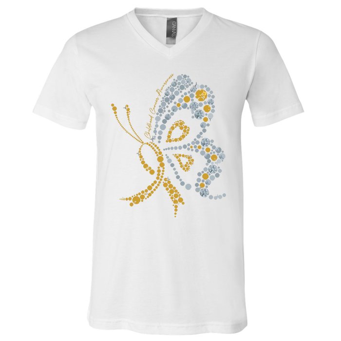 Childhood Cancer Awareness Gold Butterfly Warrior Supporter V-Neck T-Shirt