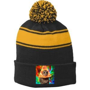 Colorful Cute Artsy Cat Kitten Pizza Funny Stripe Pom Pom Beanie