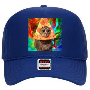 Colorful Cute Artsy Cat Kitten Pizza Funny High Crown Mesh Back Trucker Hat