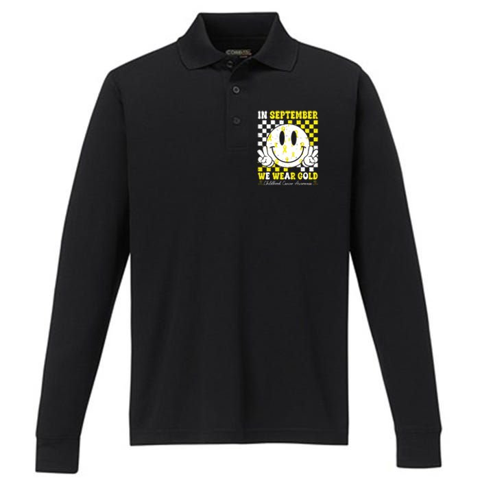 Childhood Cancer Awareness In September We Wear Gold Groovy Performance Long Sleeve Polo