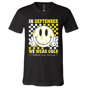 Childhood Cancer Awareness In September We Wear Gold Groovy V-Neck T-Shirt