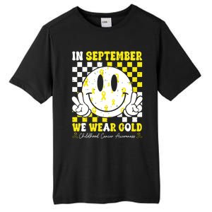 Childhood Cancer Awareness In September We Wear Gold Groovy Tall Fusion ChromaSoft Performance T-Shirt