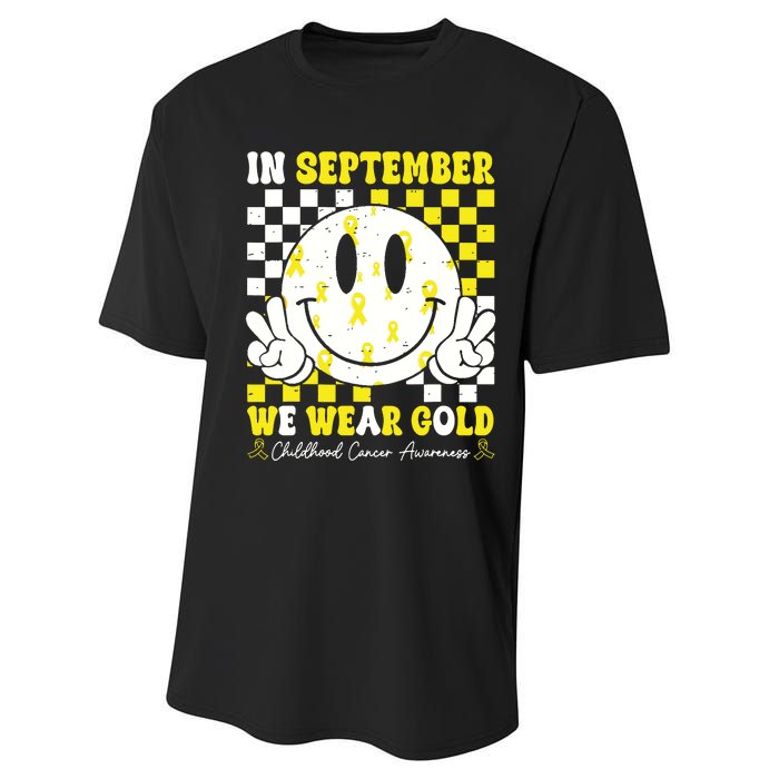 Childhood Cancer Awareness In September We Wear Gold Groovy Performance Sprint T-Shirt