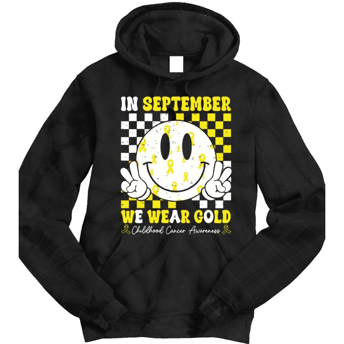 Childhood Cancer Awareness In September We Wear Gold Groovy Tie Dye Hoodie