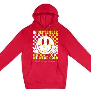 Childhood Cancer Awareness In September We Wear Gold Groovy Premium Pullover Hoodie