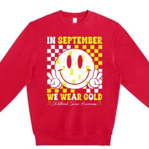 Childhood Cancer Awareness In September We Wear Gold Groovy Premium Crewneck Sweatshirt