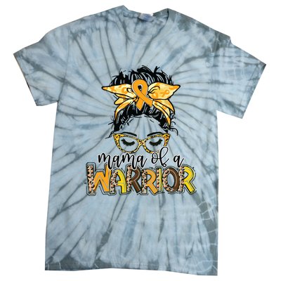 Childhood Cancer Awareness Mama Of A Warrior Messy Bun Mom Tie-Dye T-Shirt