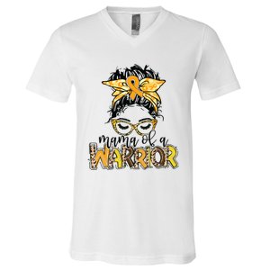 Childhood Cancer Awareness Mama Of A Warrior Messy Bun Mom V-Neck T-Shirt