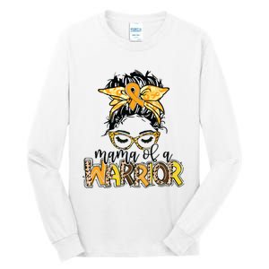 Childhood Cancer Awareness Mama Of A Warrior Messy Bun Mom Tall Long Sleeve T-Shirt