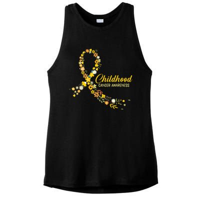 Childhood Cancer Awareness Hippie Flower Gold Ribbon Support Ladies PosiCharge Tri-Blend Wicking Tank