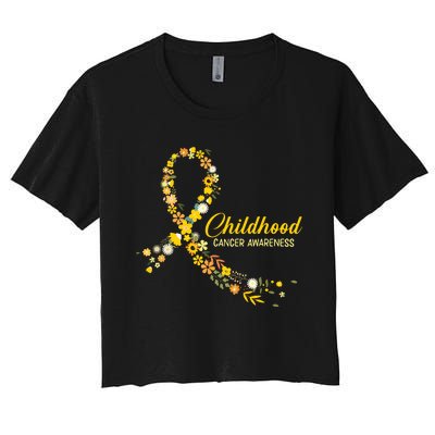 Childhood Cancer Awareness Hippie Flower Gold Ribbon Support Women's Crop Top Tee