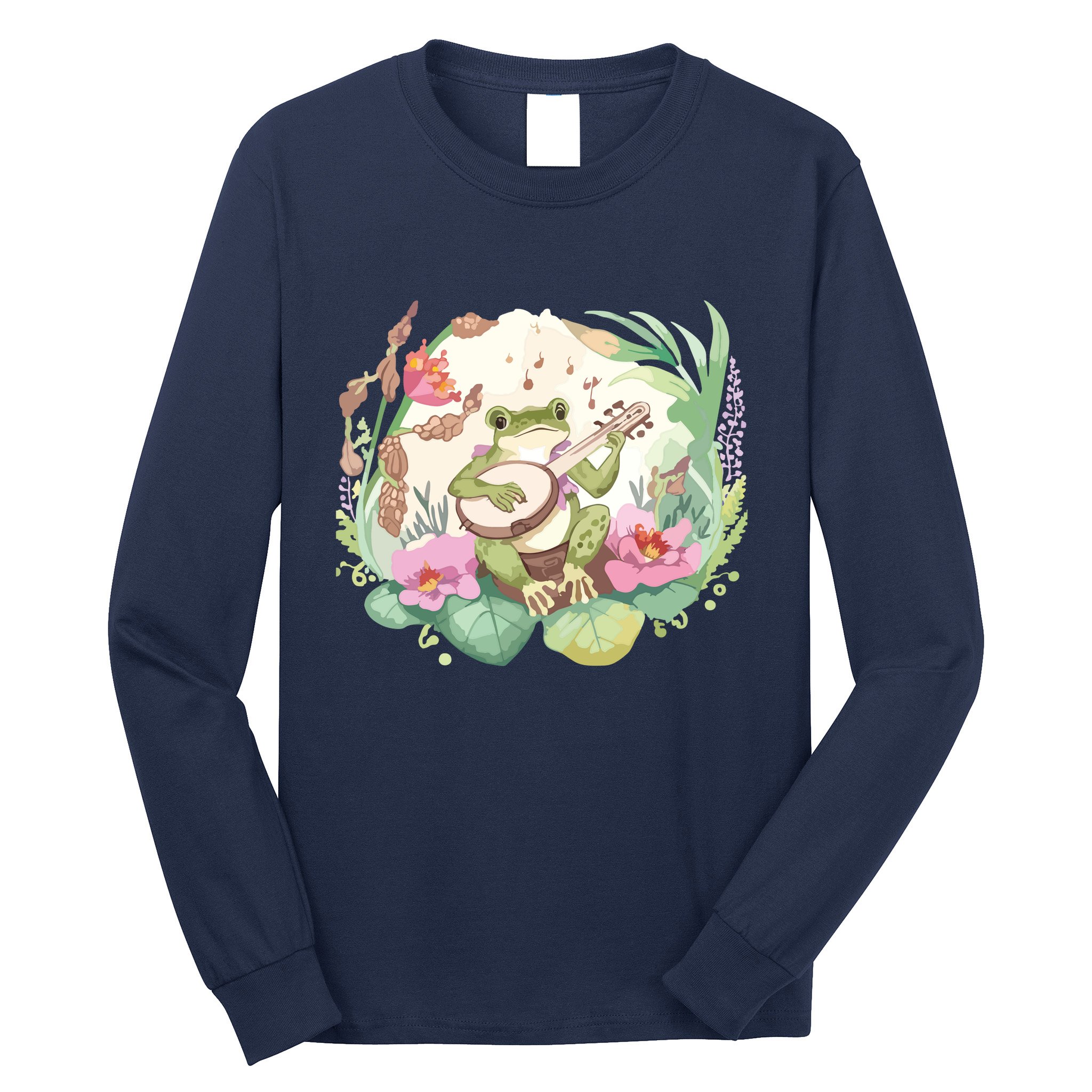 Cottage Core Aesthetic Frog Playing Banjo Guitar Vintage Long Sleeve Shirt