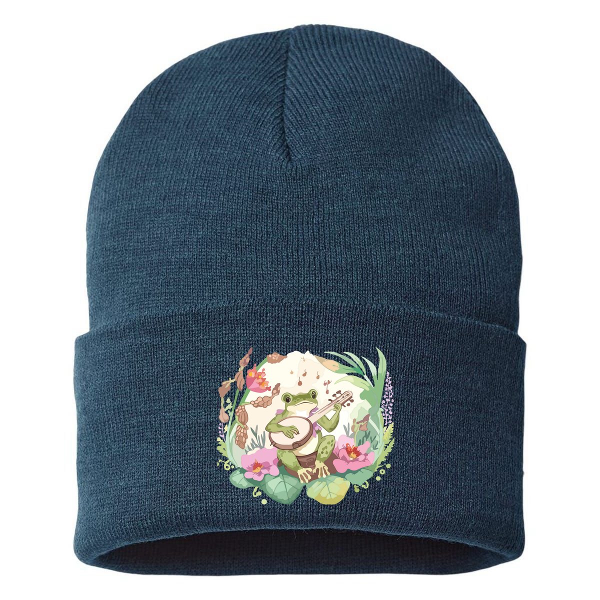 Cottage Core Aesthetic Frog Playing Banjo Guitar Vintage Sustainable Knit Beanie