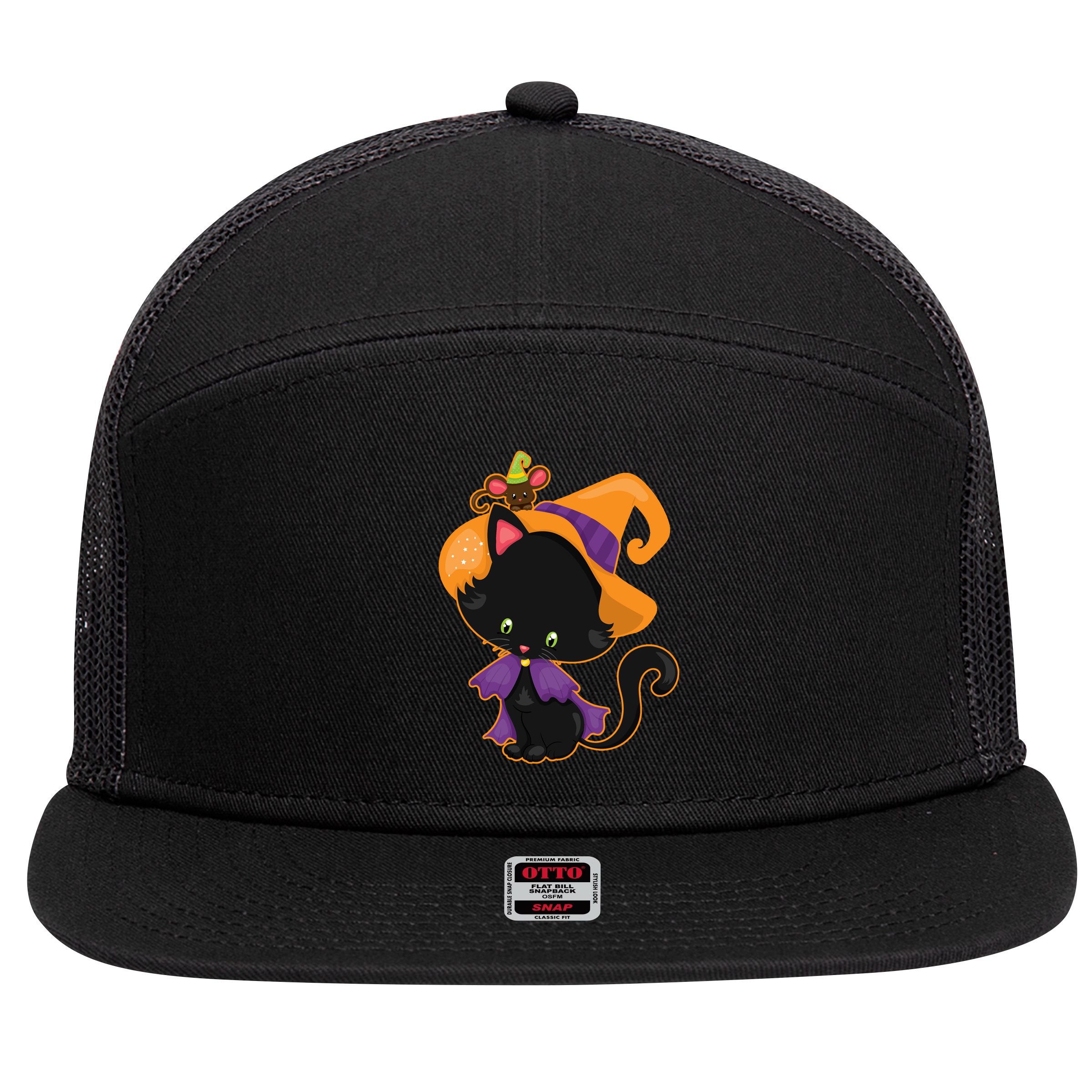 Cute Cat And Mouse Halloween Witch 7 Panel Mesh Trucker Snapback Hat
