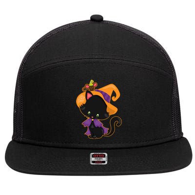 Cute Cat And Mouse Halloween Witch 7 Panel Mesh Trucker Snapback Hat