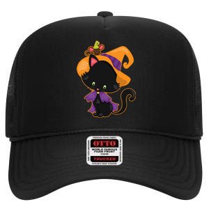 Cute Cat And Mouse Halloween Witch High Crown Mesh Back Trucker Hat