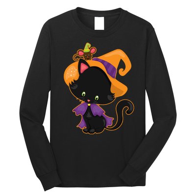 Cute Cat And Mouse Halloween Witch Long Sleeve Shirt